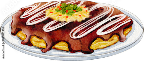 Foto Watercolor illustration of okonomiyaki on a plate