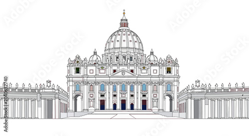 Detailed architectural illustration of St. Peter's Basilica facade