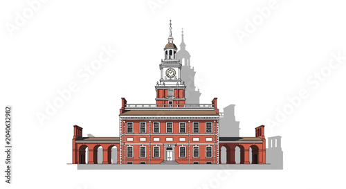 Historic Independence Hall with Clock Tower on White Background