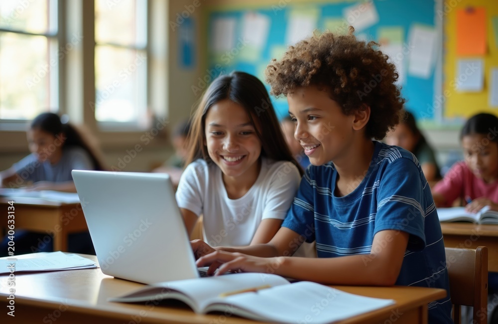 Obraz premium Diverse teen students collaborate on a laptop during class. Young boy and girl work together on school project. Education, teamwork and modern learning in classroom setting.