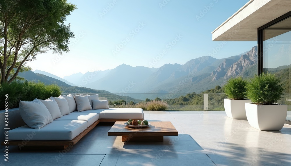 Obraz premium Modern sectional sofa with coffee table on tiled terrace. Panoramic mountain view from luxury villa balcony. Comfortable outdoor seating area with lush green plants.