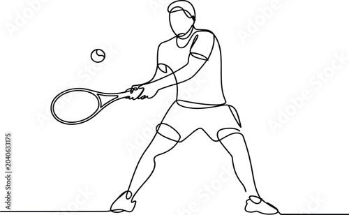 Tennis Player Swinging Racket at Ball Line Art Style