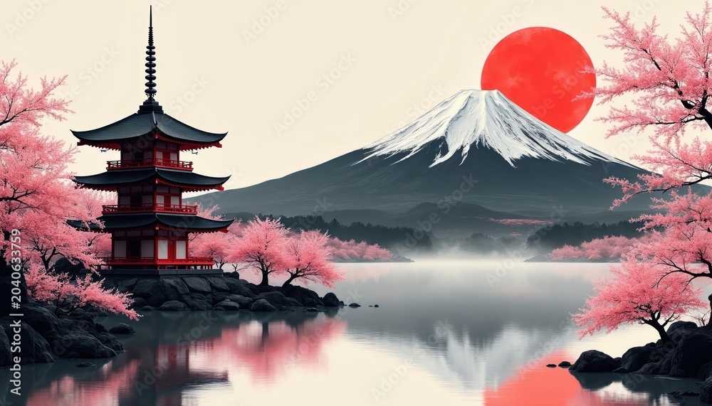 Obraz premium Japanese pagoda and Mount Fuji by calm lake. Pink cherry blossoms frame the scene with a large red sun overhead. Peaceful oriental landscape art for decor.