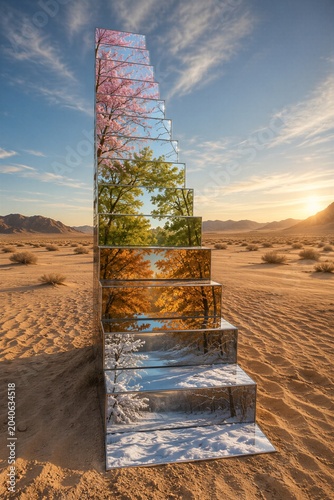 Surreal staircase in desert made of mirrors reflecting changing seasons. Abstract art installation with forest landscape transformation from winter to spring. Conceptual dreamlike scenery