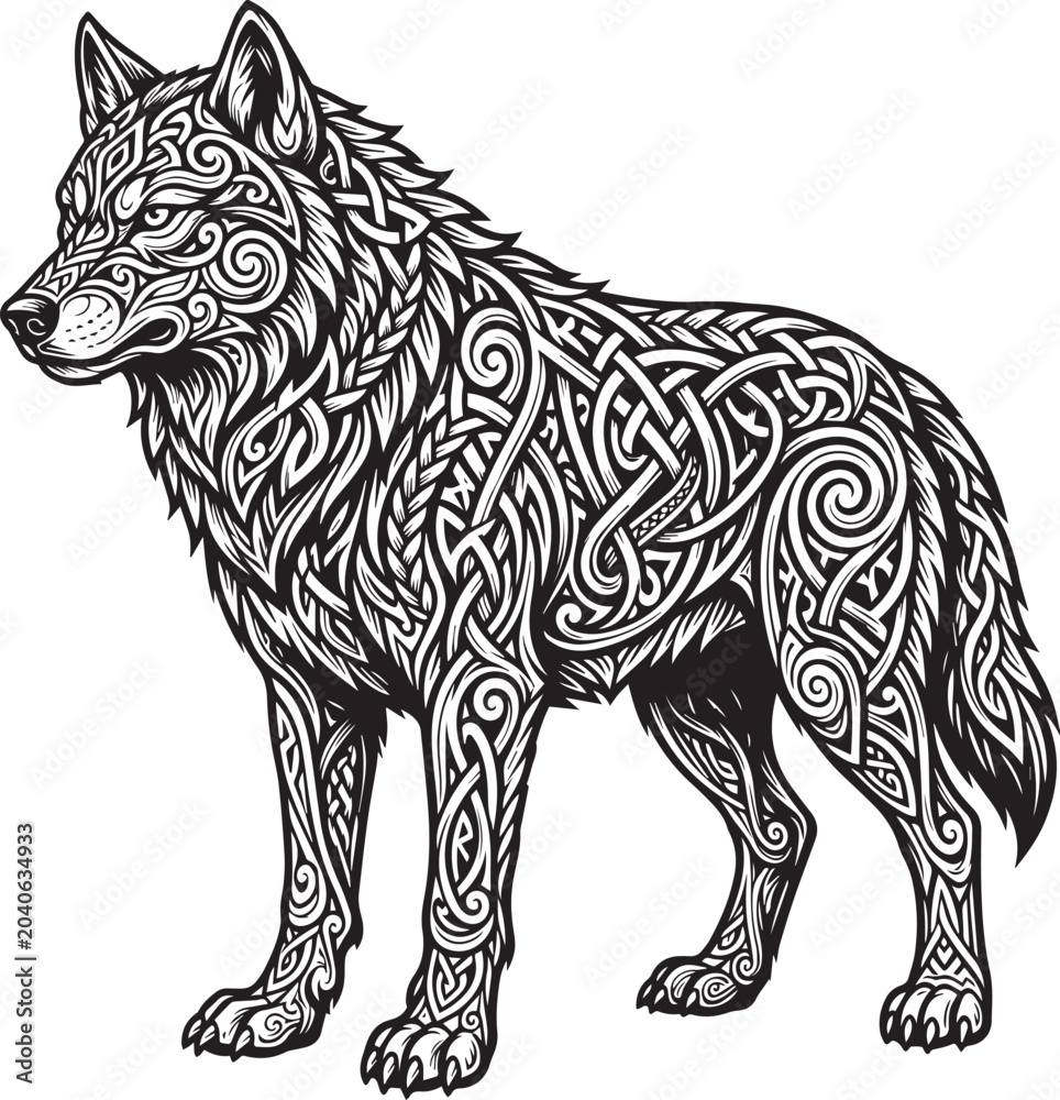 Obraz premium Intricate Zentangle Swirl Wolf Standing Silhouette