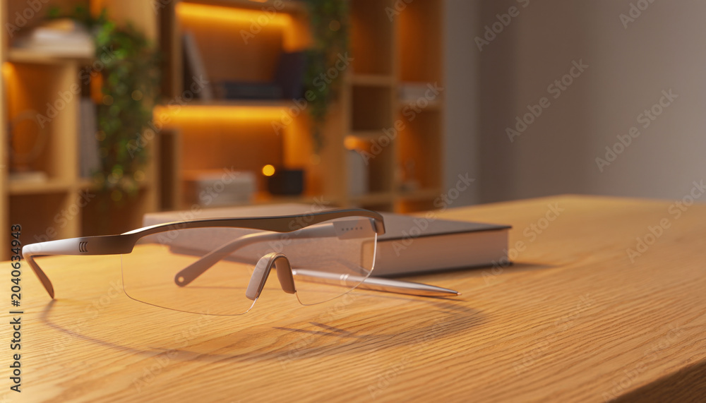 Obraz premium AR Smart Glasses on Wooden Desk Warm Lifestyle Product Shot