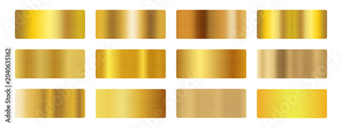 Gold metallic gradient textures set. brushed rectangular swatches in yellow, bronze, copper tones with smooth shine effect.