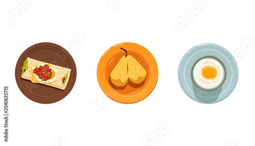 Flat Food Icons of Quesadilla Pears and Fried Egg on Plates
