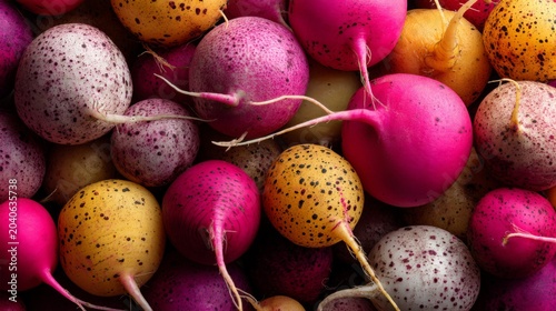 Colorful Assortment of Fresh Radishes in Various Shades of Pink, Yellow, and White with Unique Patterns and Textures for Culinary Backgrounds