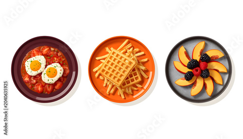 Breakfast Food Plates with Eggs Waffles and Fruits