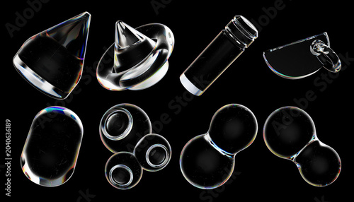 Set of dispersion glass 3d shapes and elements. 3d render illustration isolated on a black background
