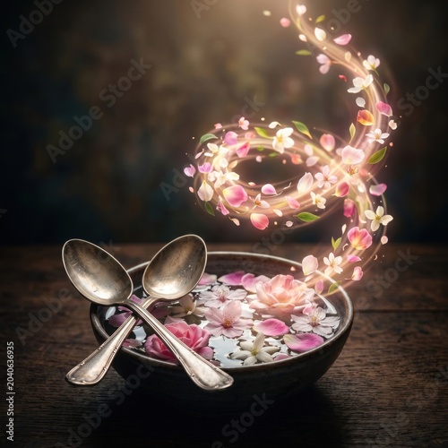 Two silver spoons in a bowl of water with floating flowers and glowing light trails