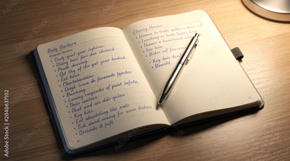 Naklejka premium Open notebook with handwritten lists and a silver pen