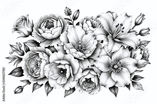 A black and white drawing of a bouquet of flowers