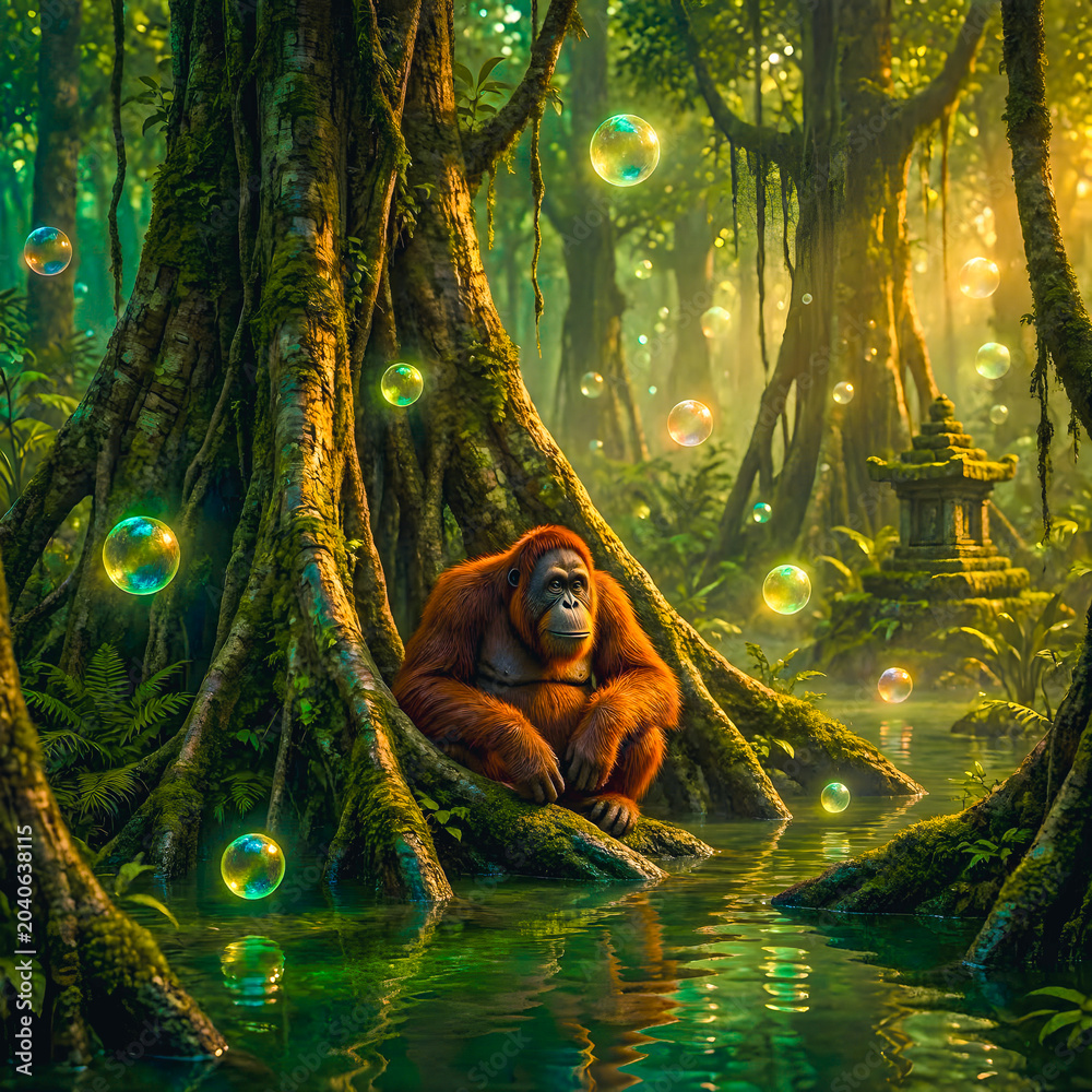 Obraz premium Borneon Orangutan in the Floating Orb Swamp. 