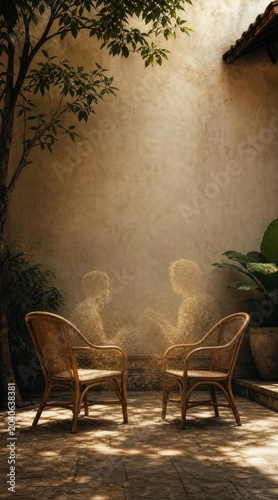 Ethereal figures in chairs evoke friendship and memory in a sunlit courtyard setting
