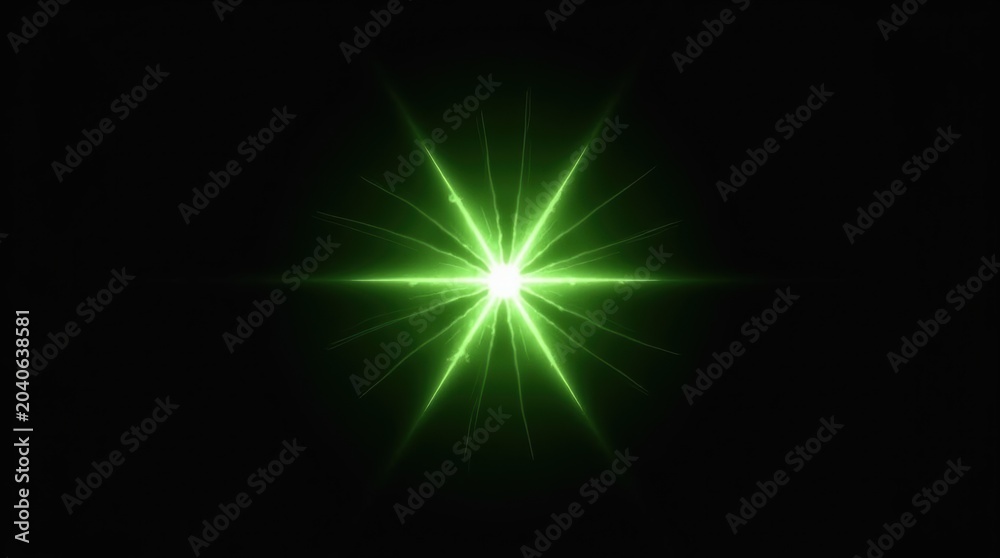 Fototapeta premium Bright green star light burst effect with glowing rays shining against a solid dark black background