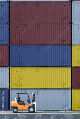 3D container wall forklift beneath colorful freight stack