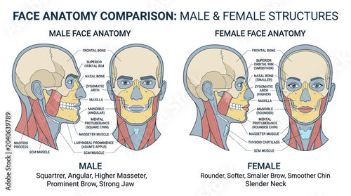 Fotografie Male and Female Face Anatomy Comparison Chart with Skull and Muscles