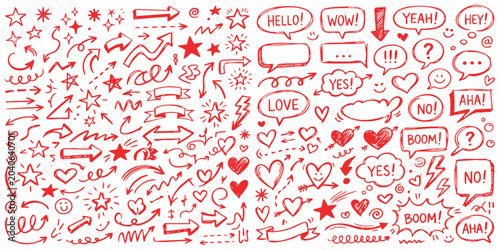 Set of hand drawn red arrows stars hearts and comic speech bubbles for design elements on a page