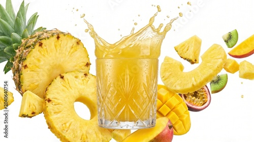 Pineapple Juice with Fresh Pineapple Slices Isolated on White