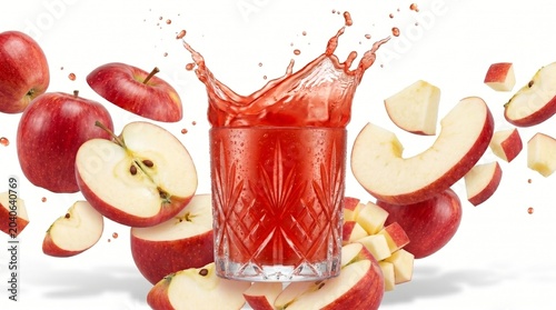 Natural Apple Juice with Fresh Red Apples on White Background