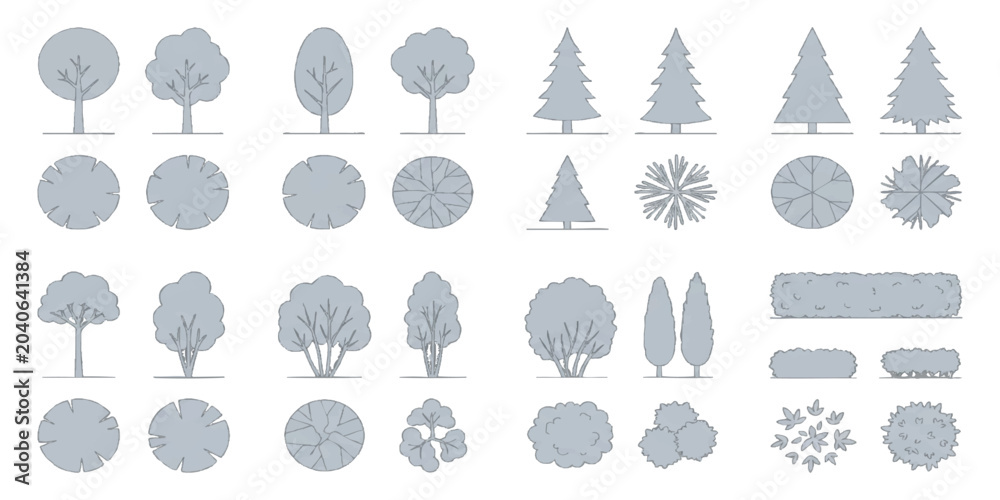 Obraz premium Set of grey flat tree icons showing side and top views of various forest plants and garden shrub elements