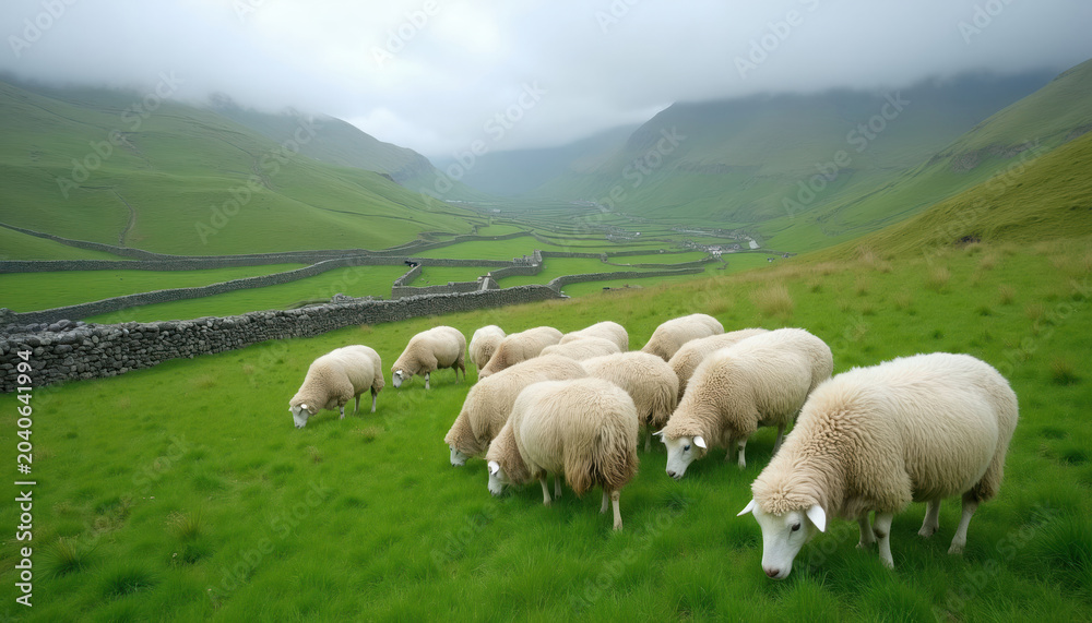 Fototapeta premium Fluffy white sheep graze on a vibrant green grass field. Stone walls define the rolling hills leading to a distant village under a soft cloudy sky. Peaceful rural landscape evokes quiet farm life.