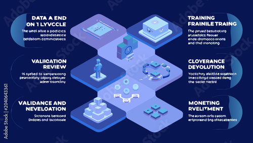 Vector infographic of ai lifecycle stages from data to deployment in a blue and purple gradient