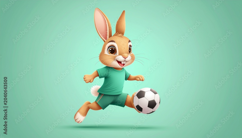 Fototapeta premium A cute cartoon rabbit animal, wearing a playful casual t-shirt, actively dribbling a soccer ball with dynamic energy on a cheerful background