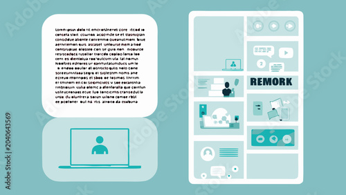 Remote work business slide with laptop and video call on a teal background for presentations