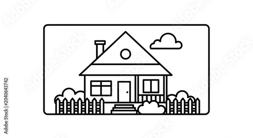Simple Line Art House with Fence and Clouds, Minimalist Home Icon