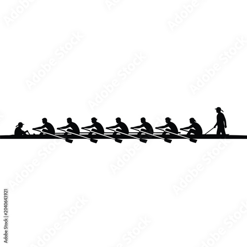 Eight men rowing a boat with a coxswain