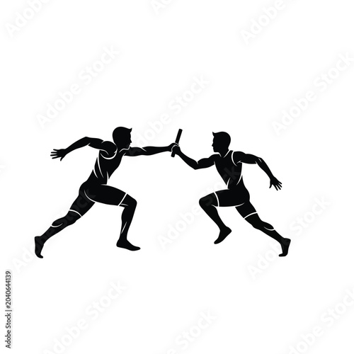 two athletes in black silhouette exchanging baton during relay race