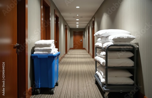 Hotel corridor with housekeeping cart stocked with linens and pillows. A blue bin holds folded towels. Room service trolley waits in hallway.