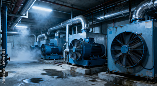 Industrial chiller room, large refrigeration units, pipes and motors.