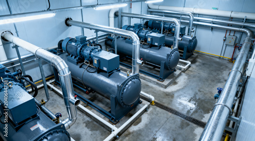 Chiller rooms, large industrial refrigeration rooms, including motor and water pipes