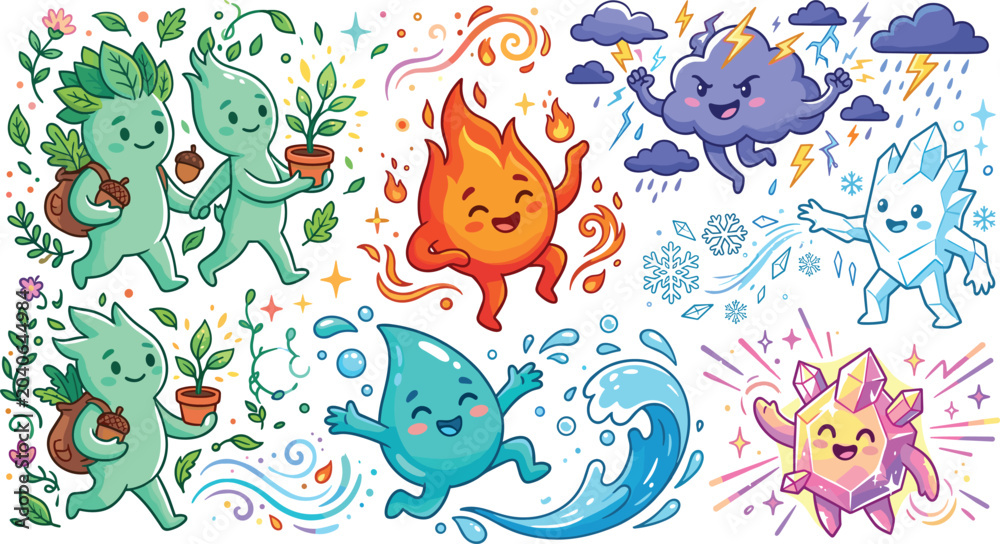 Obraz premium Cute Chibi Elemental Nature Spirit Vector Set Featuring Kawaii Magic Earth Fire Water Storm Ice and Crystal Characters for Fantasy Branding