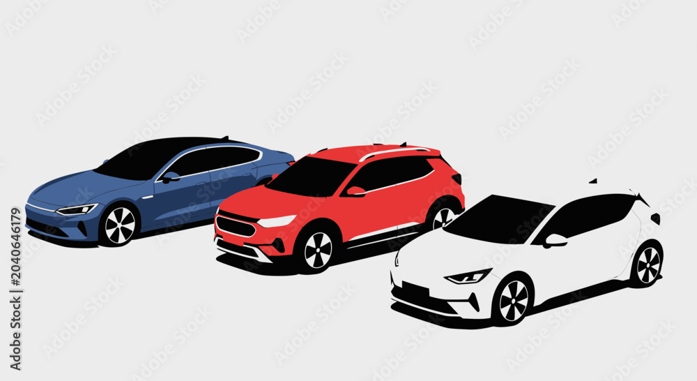 Fototapeta premium Three modern cars vector illustration in red blue and white on white