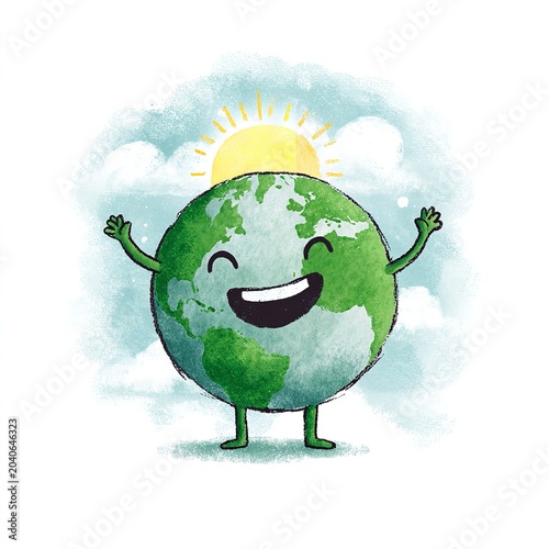 Happy Earth Character Illustration with Sun and Clouds on White Background