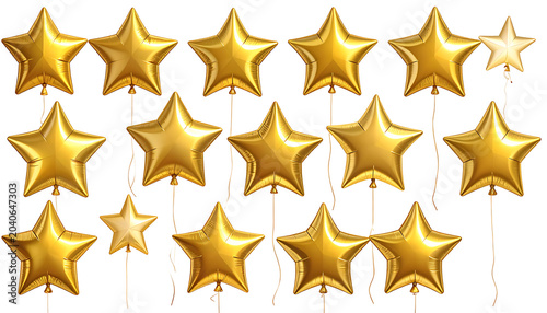 Collection of golden star-shaped foil balloons scattered on a transparent background, celebrating success and achievement, perfect for party decorations