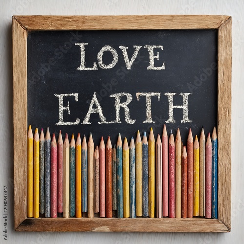 Chalkboard with colorful pencils and message about love and earth