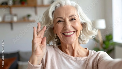 Smiling Senior Woman with Gray Hair Waving Hello in a Casual Indoor Setting.