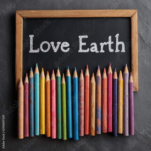 Colorful Crayons and Chalkboard with Love Earth Message on White Background