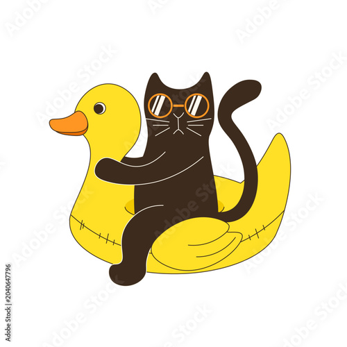 Funny Cat on the rubber ring. Vector Summer art with black Cat on yellow duck rubber ring isolated transparent background. Editable stroke. EPS 10