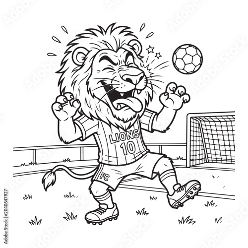 Schilderij op canvas Soccer Lion Mascot Hit In Face With Football Coloring Page