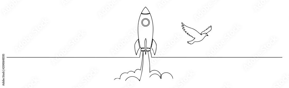 Fototapeta premium rocket launch with flying bird in minimalist line art style