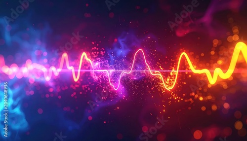 Vibrant Neon Sound Wave Pulse with Cosmic Energy Particles.