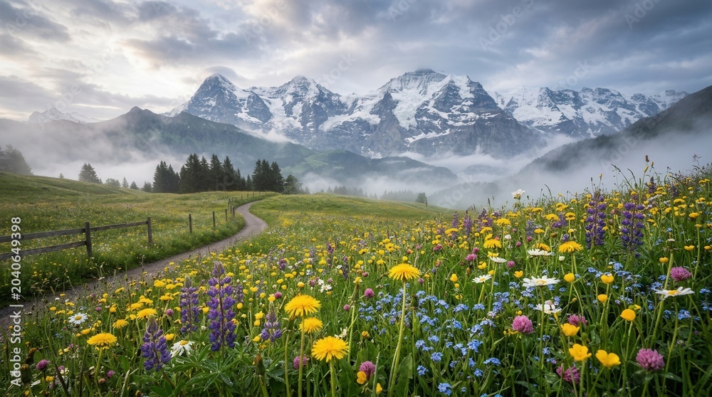 Fototapeta premium Majestic Alpine Meadow Bursting with Wildflowers and Snow-Capped Peaks.