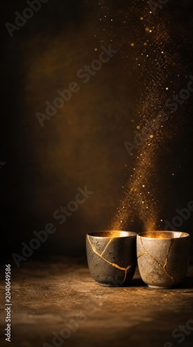 Kintsugi pottery with golden flakes sprinkling, symbolizing repair and resilience